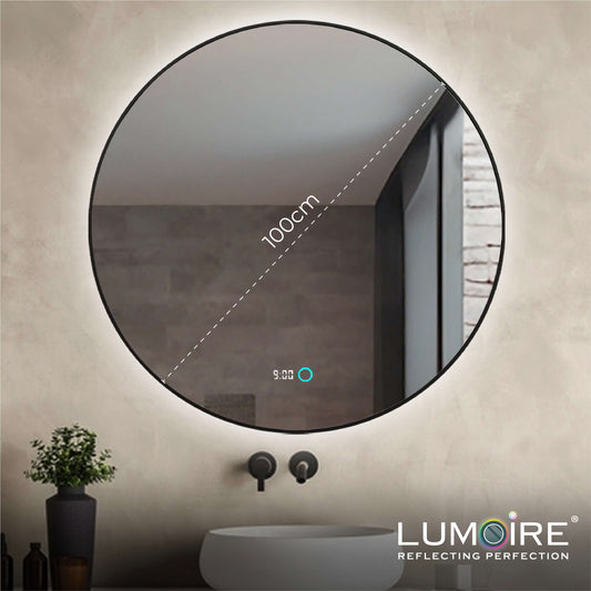 Ronde badkamerspiegel 100 cm met zwarte rand en LED-verlichting