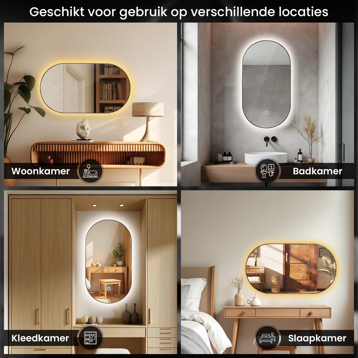 spiegel ovaal met zwarte rand en verlichting