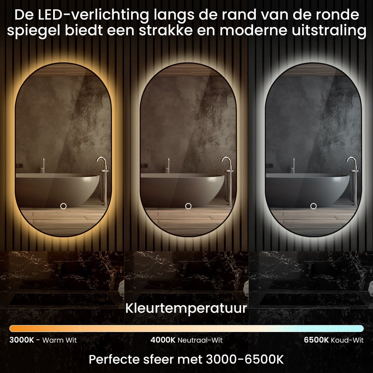 mat zwarte ovale badkamerspiegel met verlichting