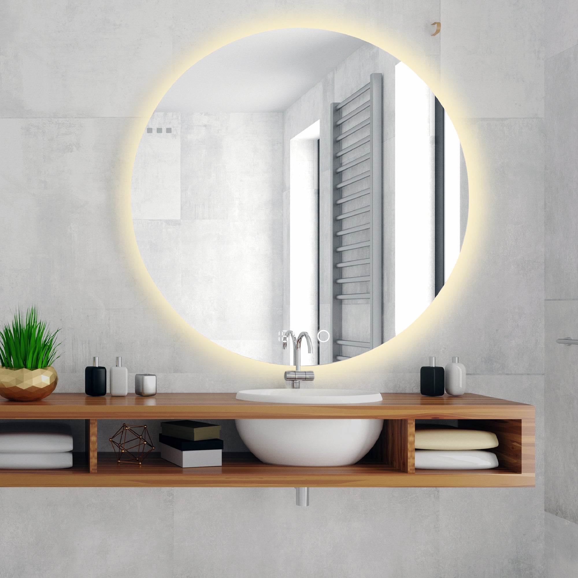 ronde badkamerspiegel met digitale klok