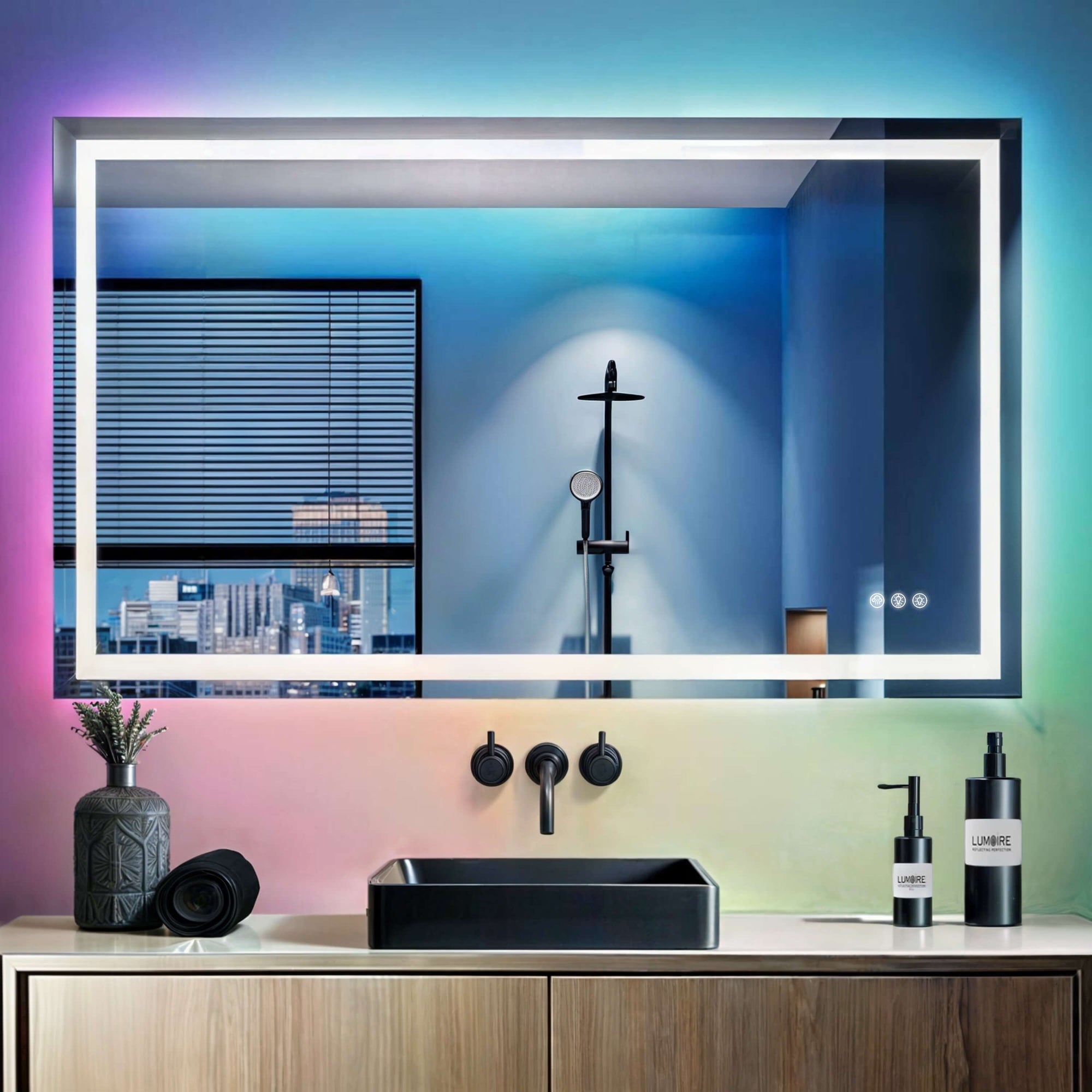 Rechthoekige spiegel met RGB verlichting en anti-condens verwarming
