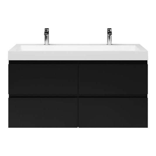 Badezimmermöbel-Set, Unterbau mattschwarz, mit Deluxe-Waschbecken 120 cm mit 2 Hahnlöchern 