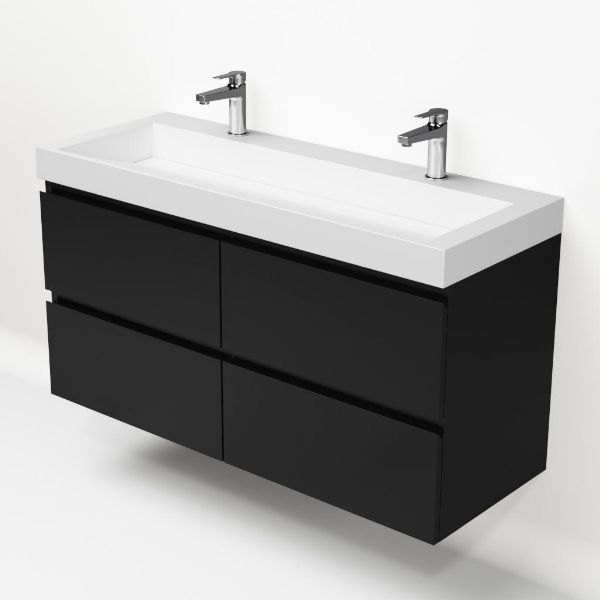 Badezimmermöbel-Set, Unterbau mattschwarz, mit Deluxe-Waschbecken 120 cm mit 2 Hahnlöchern 