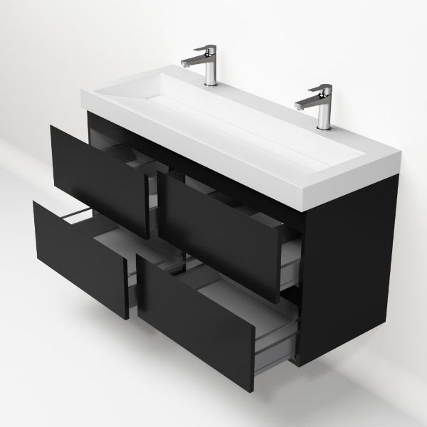 Badezimmermöbel-Set, Unterbau mattschwarz, mit Deluxe-Waschbecken 120 cm mit 2 Hahnlöchern 