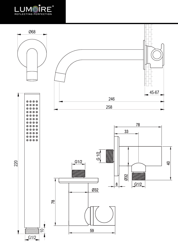 Einbau-Badarmatur mit Stangenhandbrause – Chrom