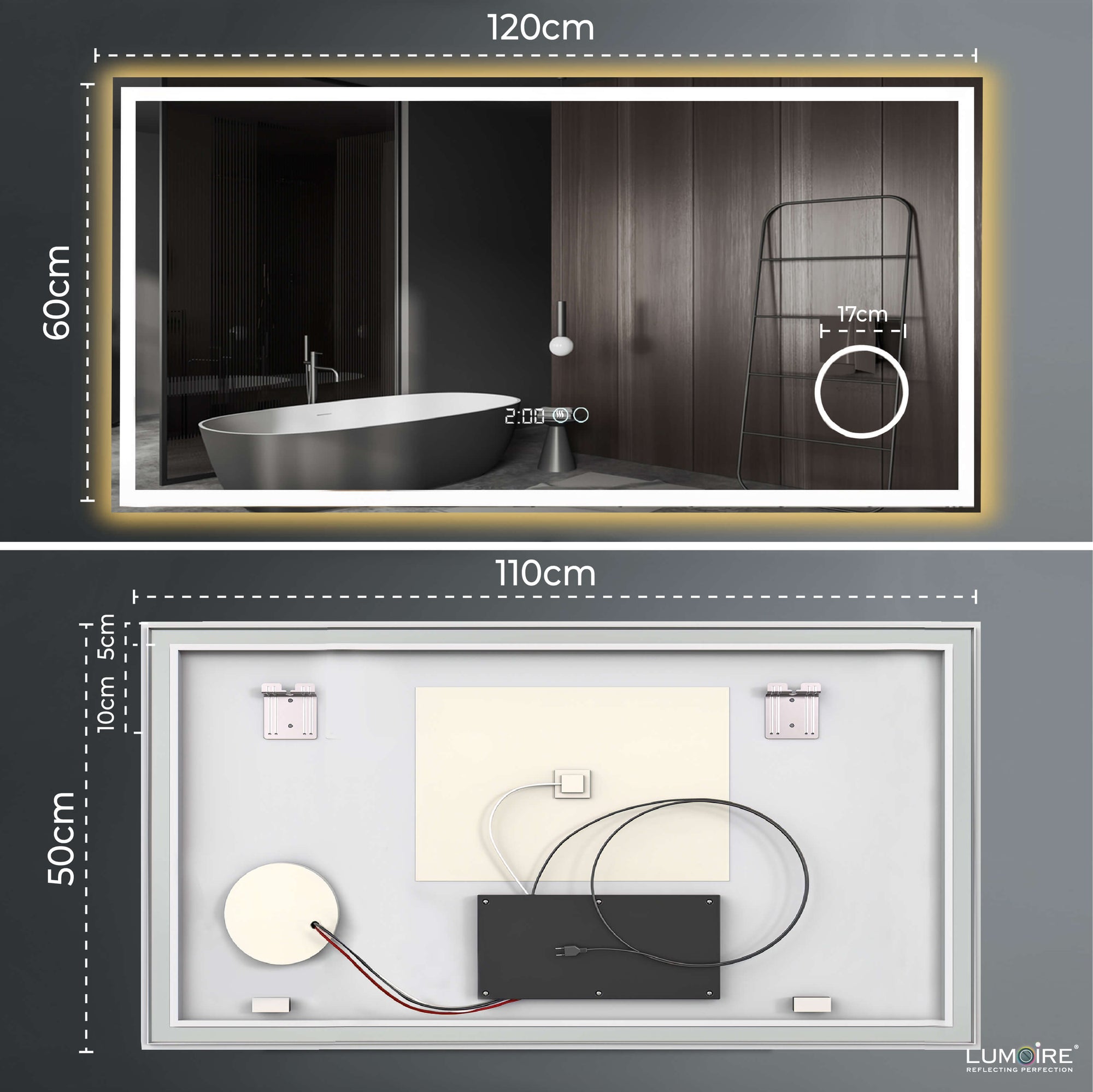 Elegant rechthoekig design met LED-verlichting, klok en verwarming
