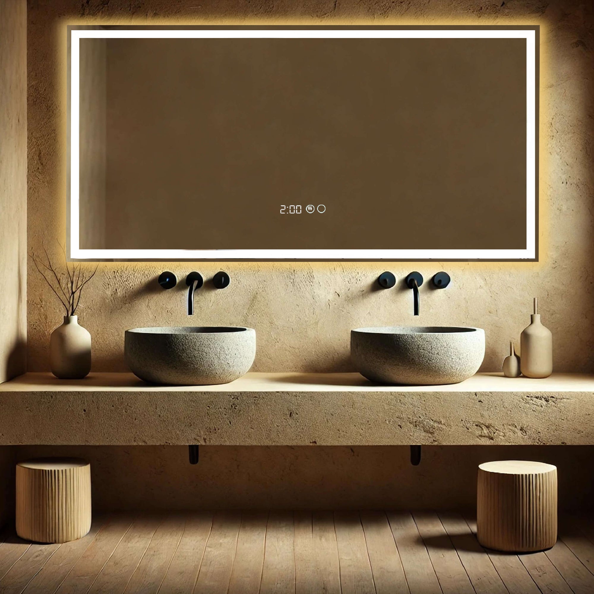 Badkamerspiegel met stijlvolle verlichting en geïntegreerde klokfunctie
