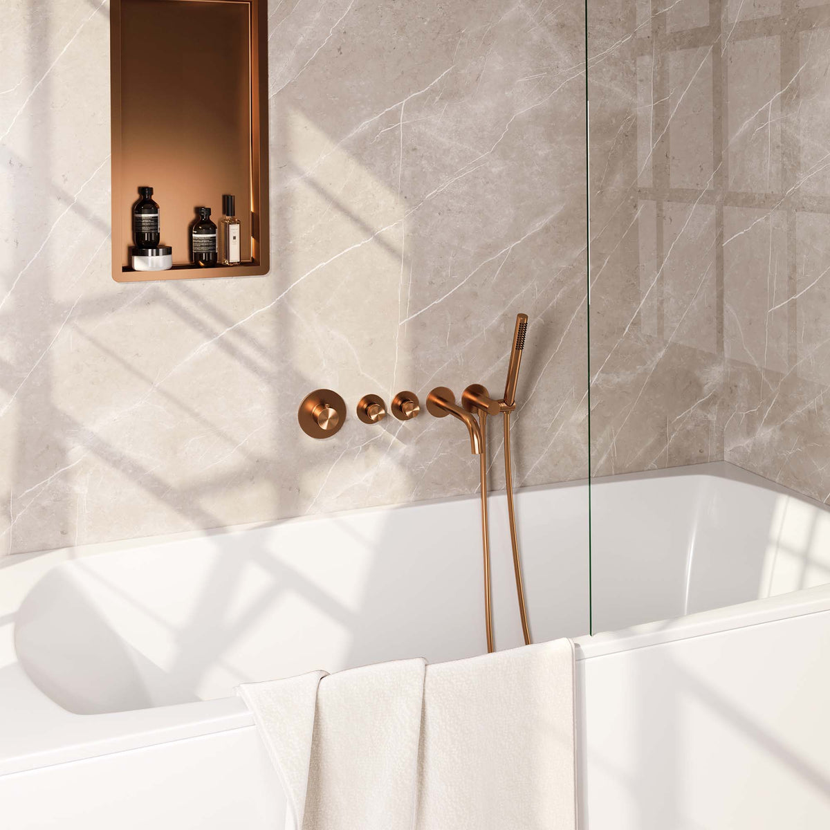 Built-in bath tap set with rod hand shower – copper