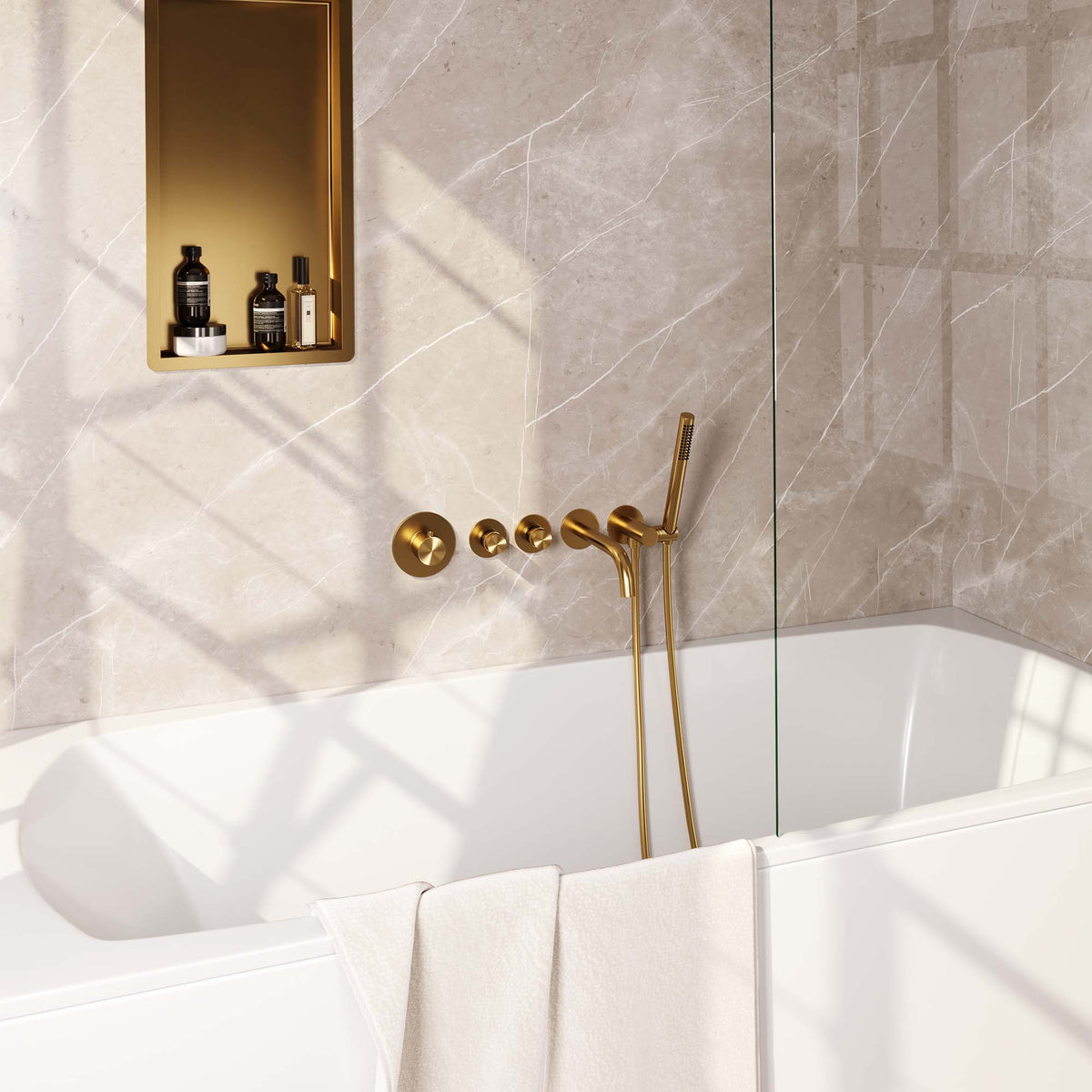 Built-in bath tap set with rod hand shower – Gold