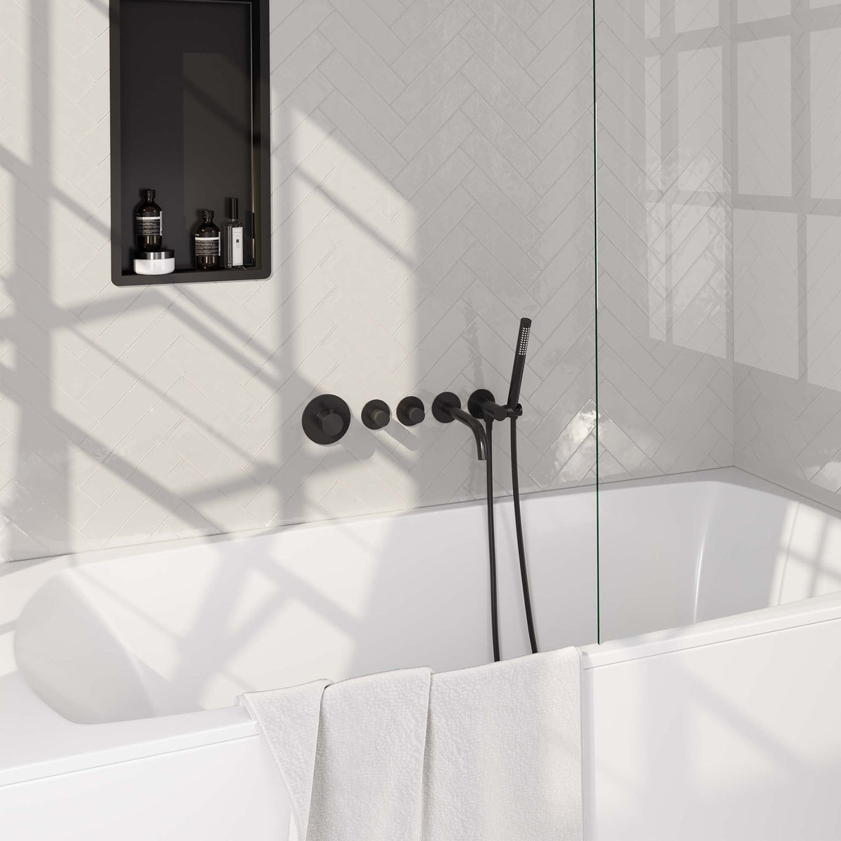 Built-in bath tap set with rod hand shower – Matte Black