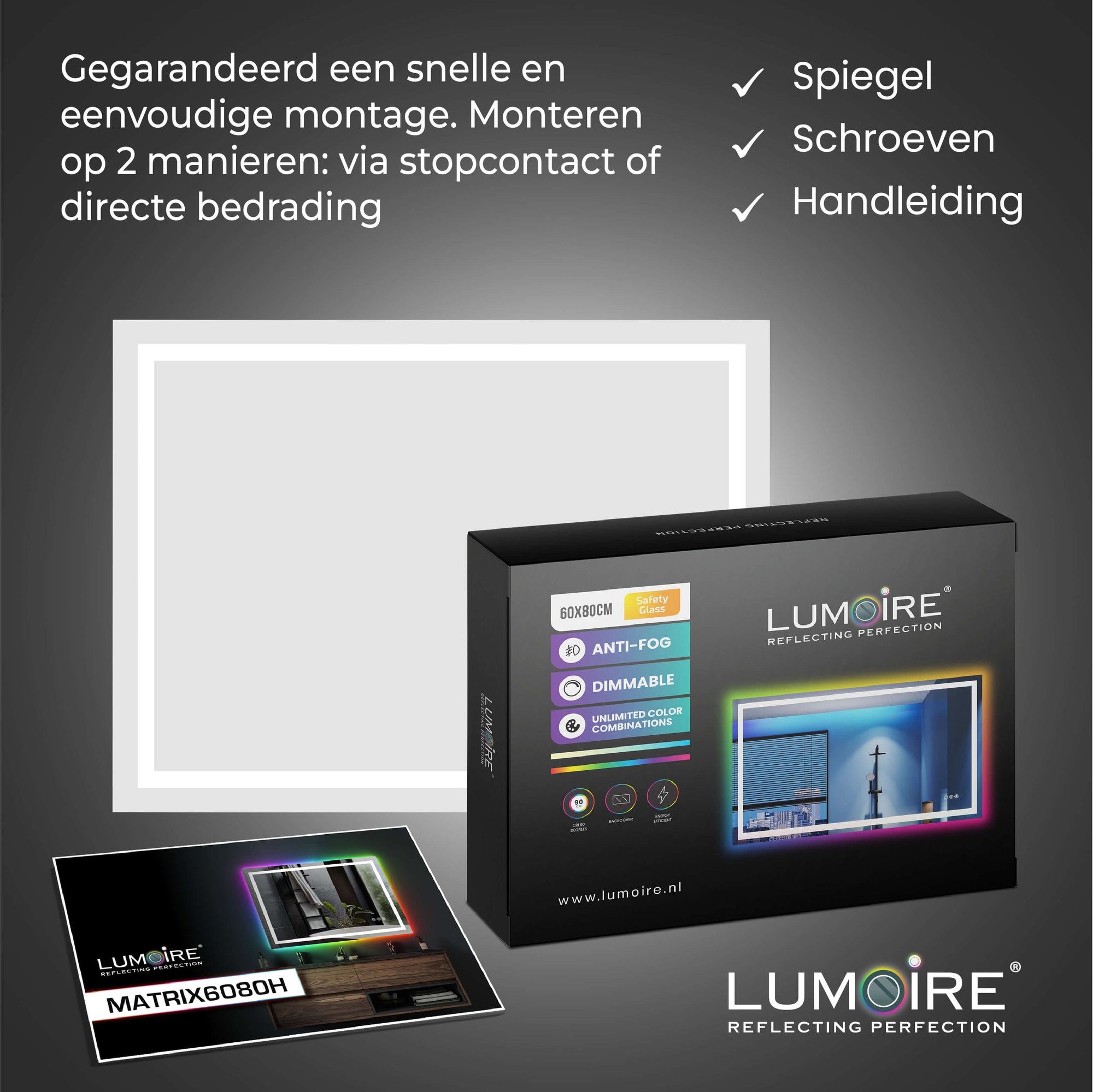 Rechthoekige badkamerspiegel met dimbare LED verlichting en verwarming
